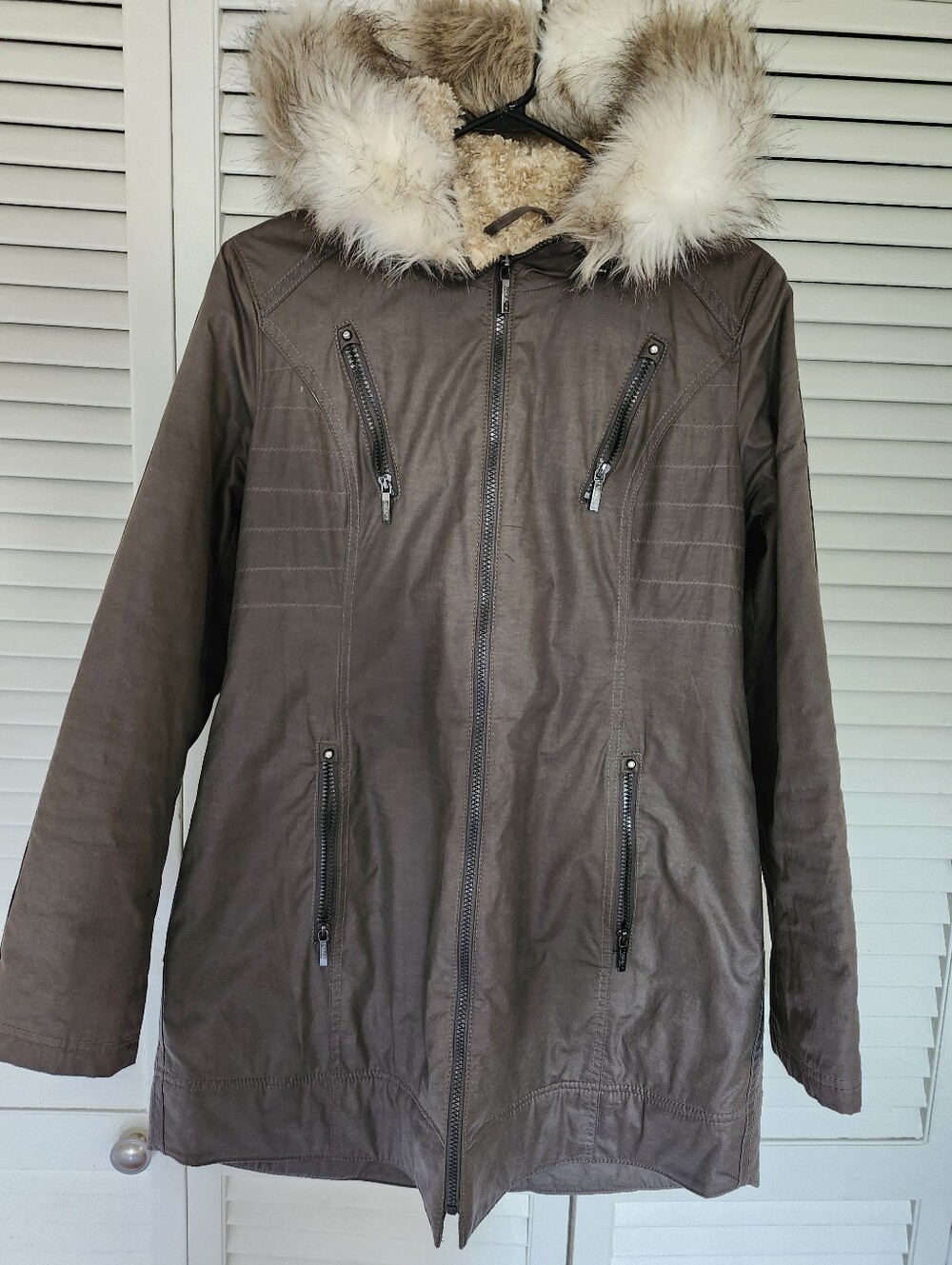 Laundry By Shelly Secal Khaki Womens Parka Coat with Faux Fur Hood